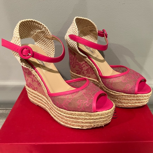 Valentino Garavani Shoes - Valentino Hot Pink Lace And Mesh Espadrille Platform Wedge Sandals Size 37.5